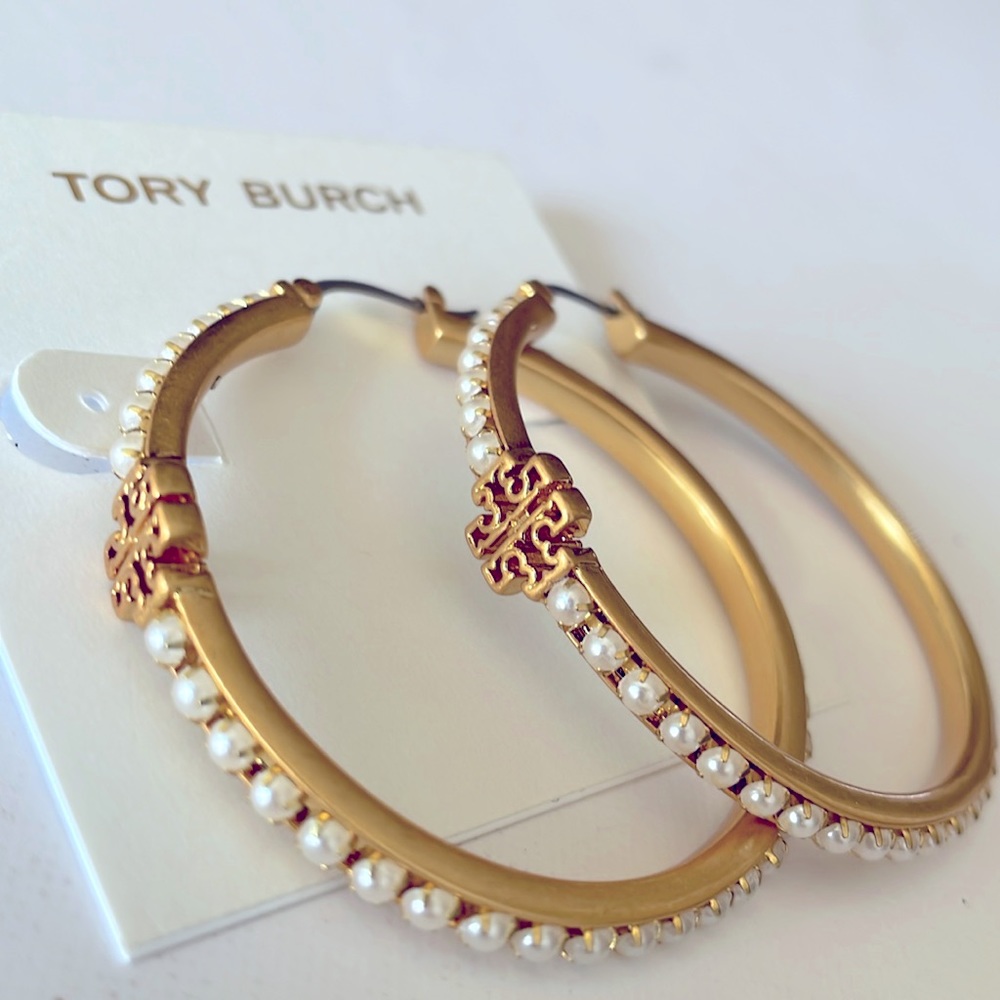 ❌Price Drop ❌NWT TORI BURCH KIRA GOLD/PEARL /LOGO LARGE HOOP EARRINGS.